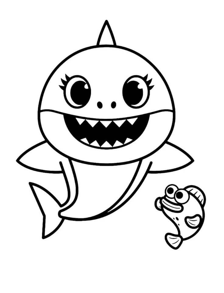 Bebé Tiburón Divertido con Peces para colorear imprimir e dibujar