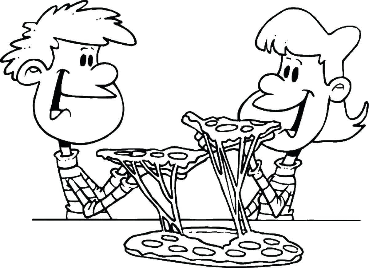 Dos Niños Comiendo Pizza para colorear imprimir e dibujar