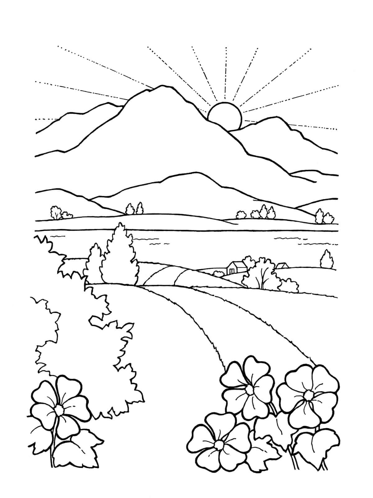 Montaña Al Atardecer para colorear imprimir e dibujar ColoringOnly