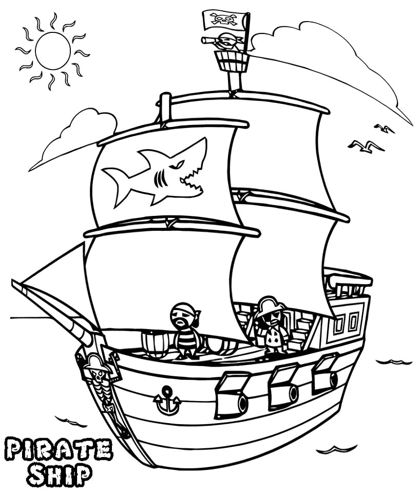 Simple Pirate Ship Drawing Sketch Coloring Page
