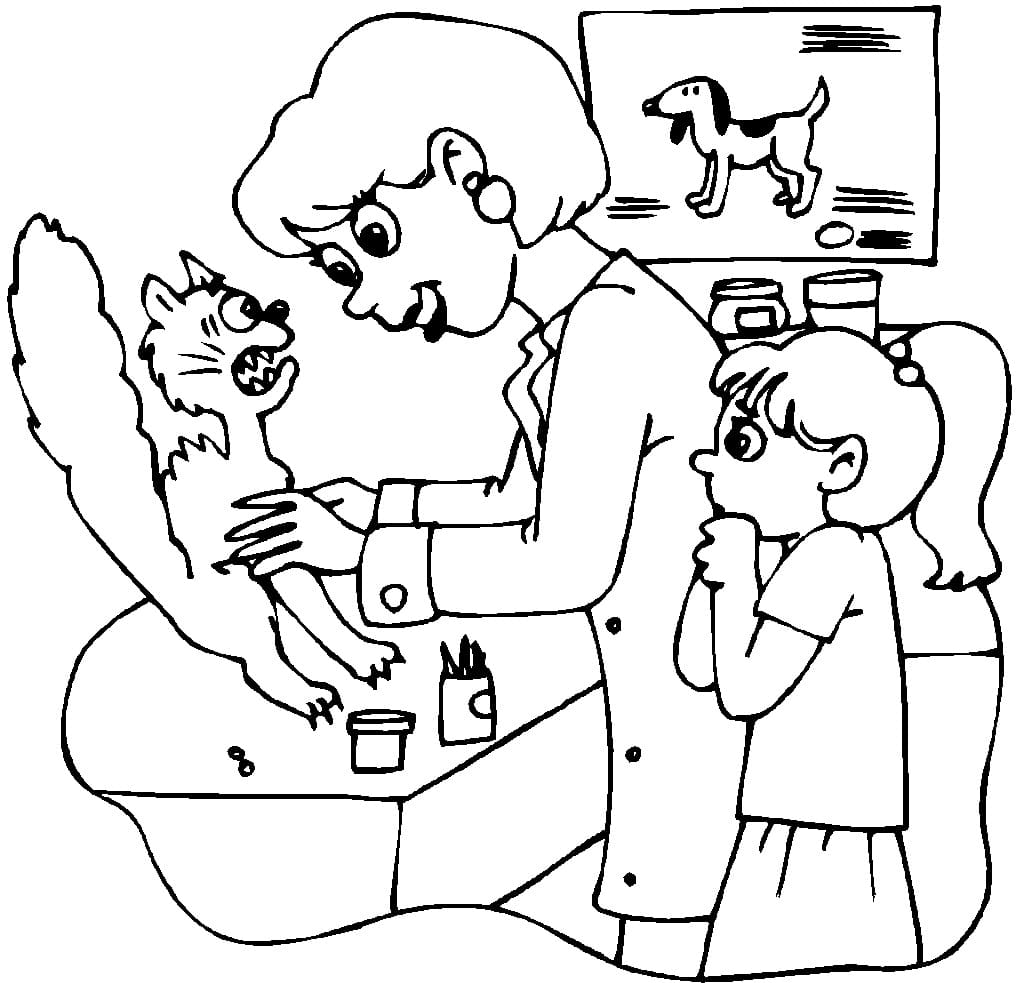 Veterinarian And Scared Cat Coloring Page Free Printable Coloring