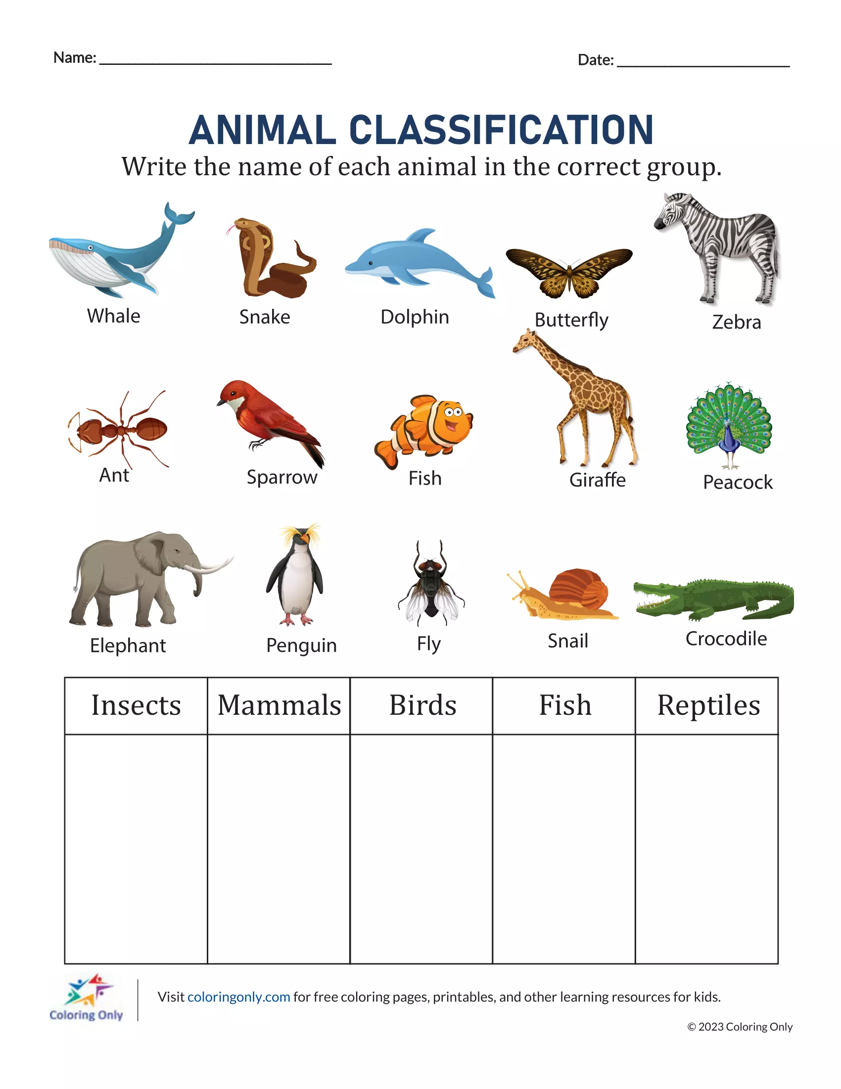 Animal Classification Free Printable Worksheet