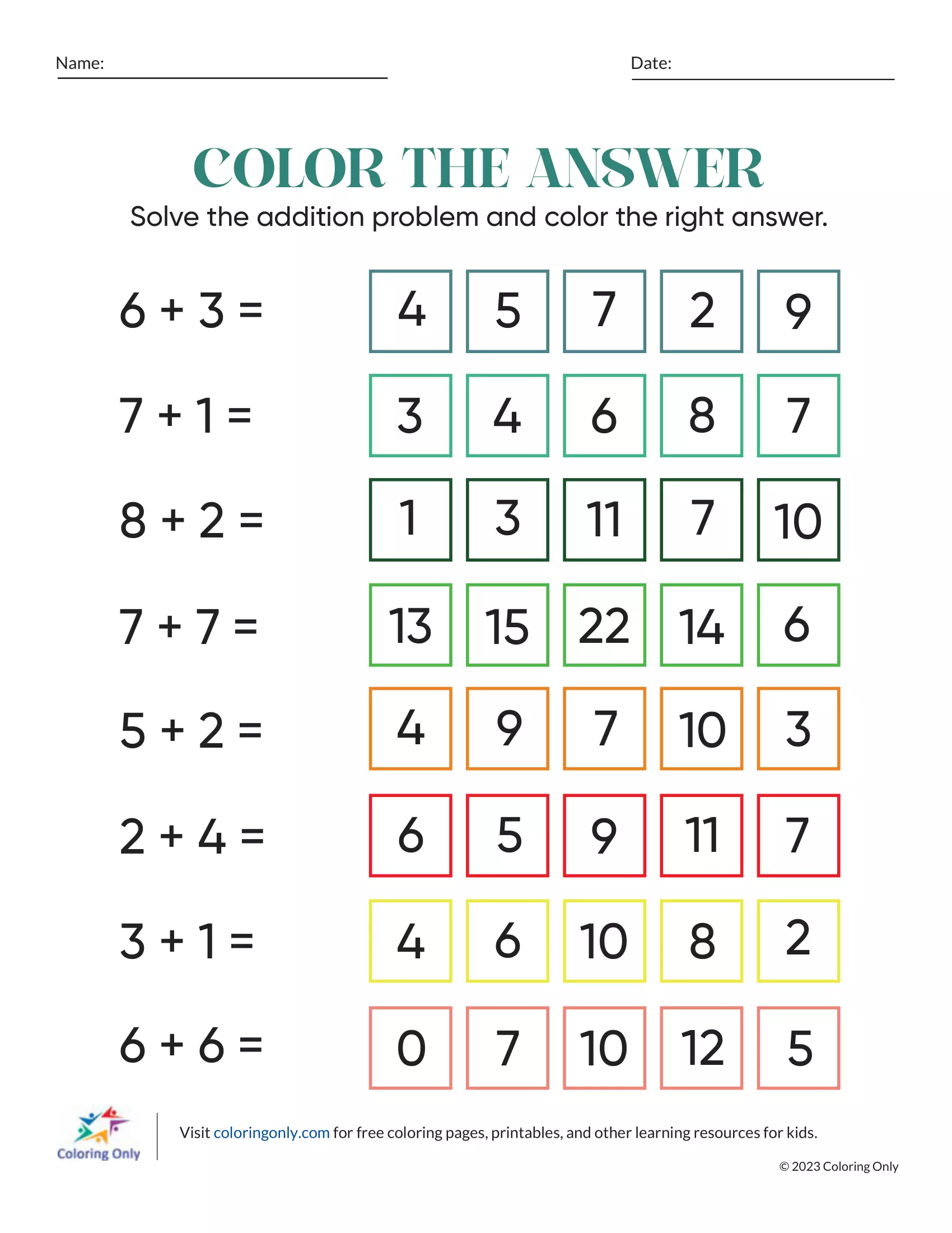 Color the Answer Free Printable