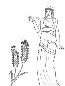 Coloring Page: Demeter surrounded by bountiful crops