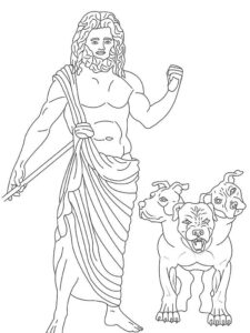 Coloring Page: Hades with his three-headed dog, Cerberus