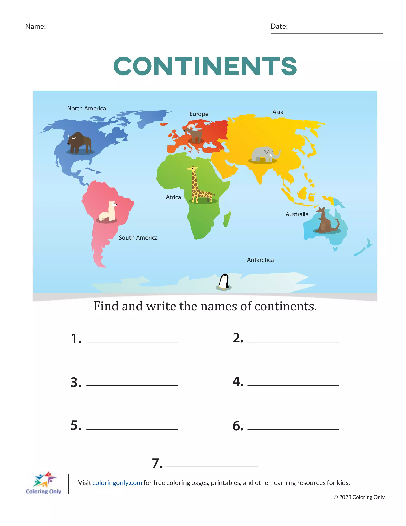 Continents Free Printable Worksheet