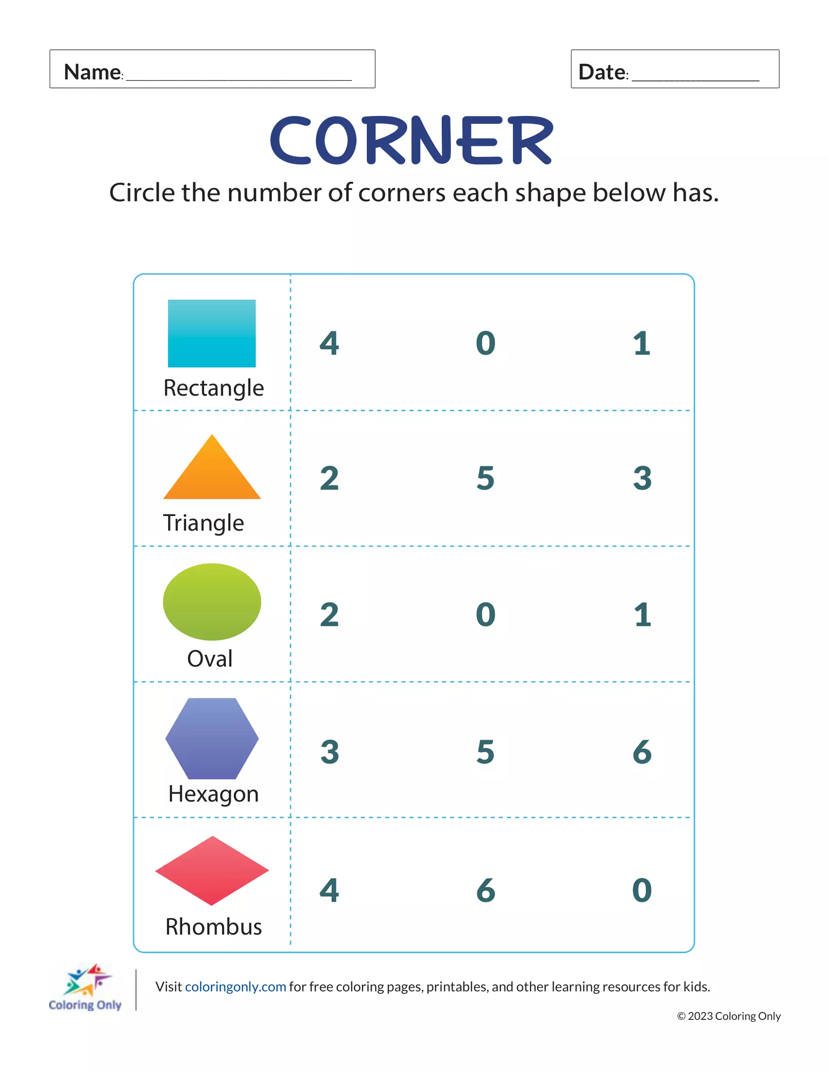 Corner Free Printable Worksheet