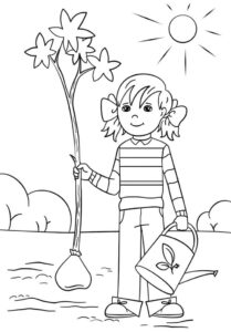 Girl in Arbor Day Coloring Page