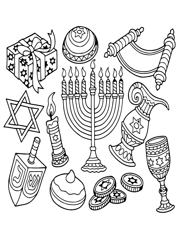 Hanukkah Symbols Coloring Page