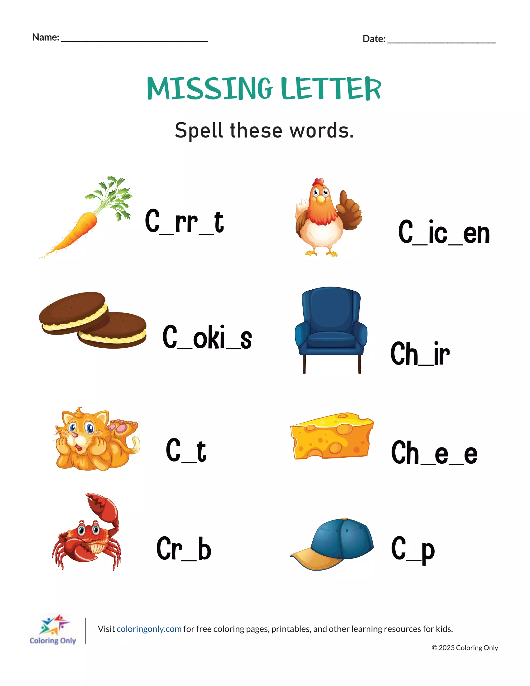 Missing Letter Free Printable Worksheet