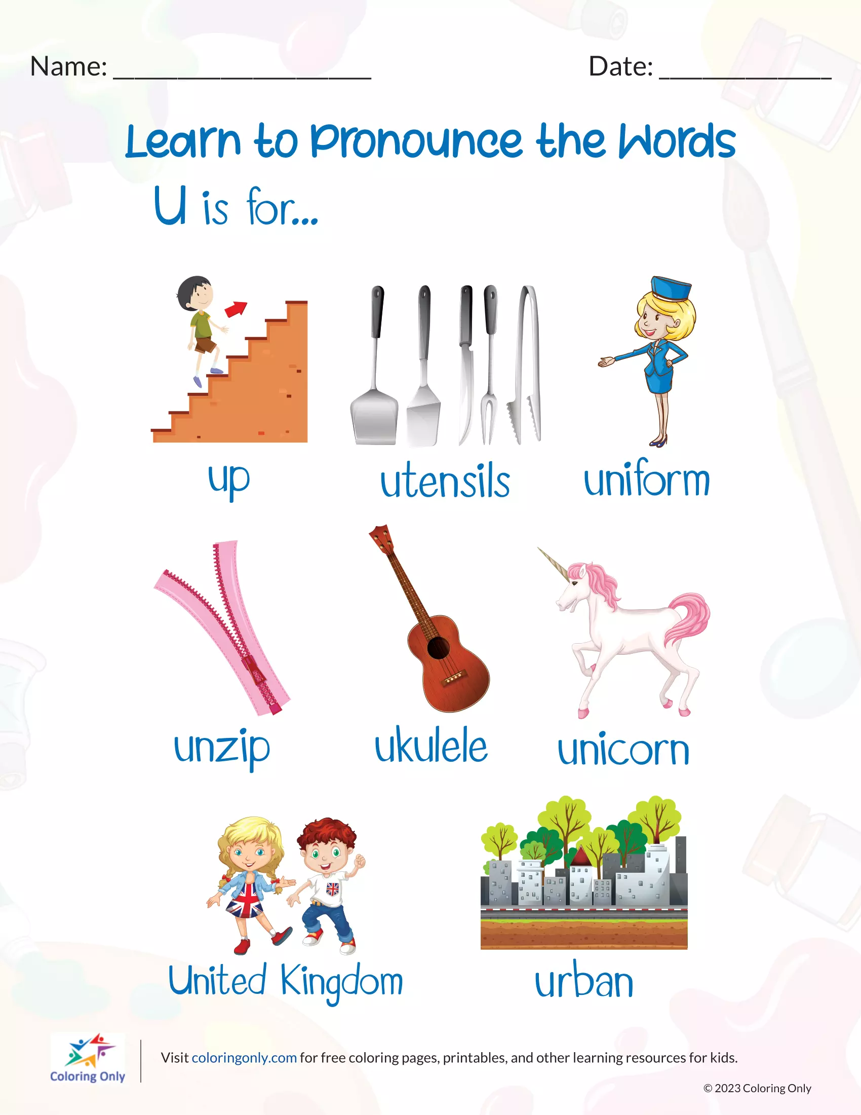 Pronunciation Worksheet for Letter ‘U’
