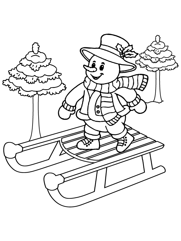 Snowman on wooden sledge silhouette