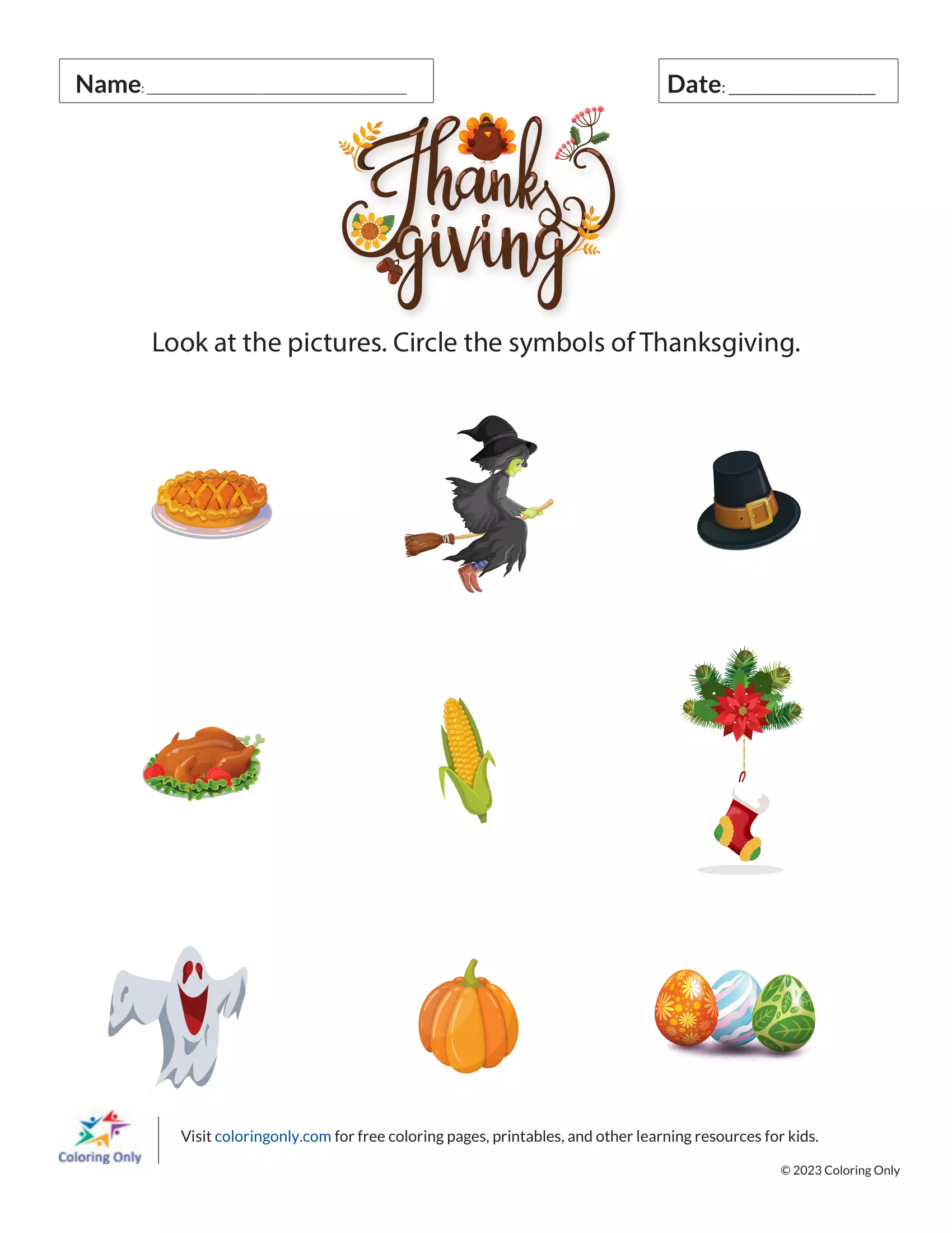 Thanksgiving Symbols Free Printable Worksheet