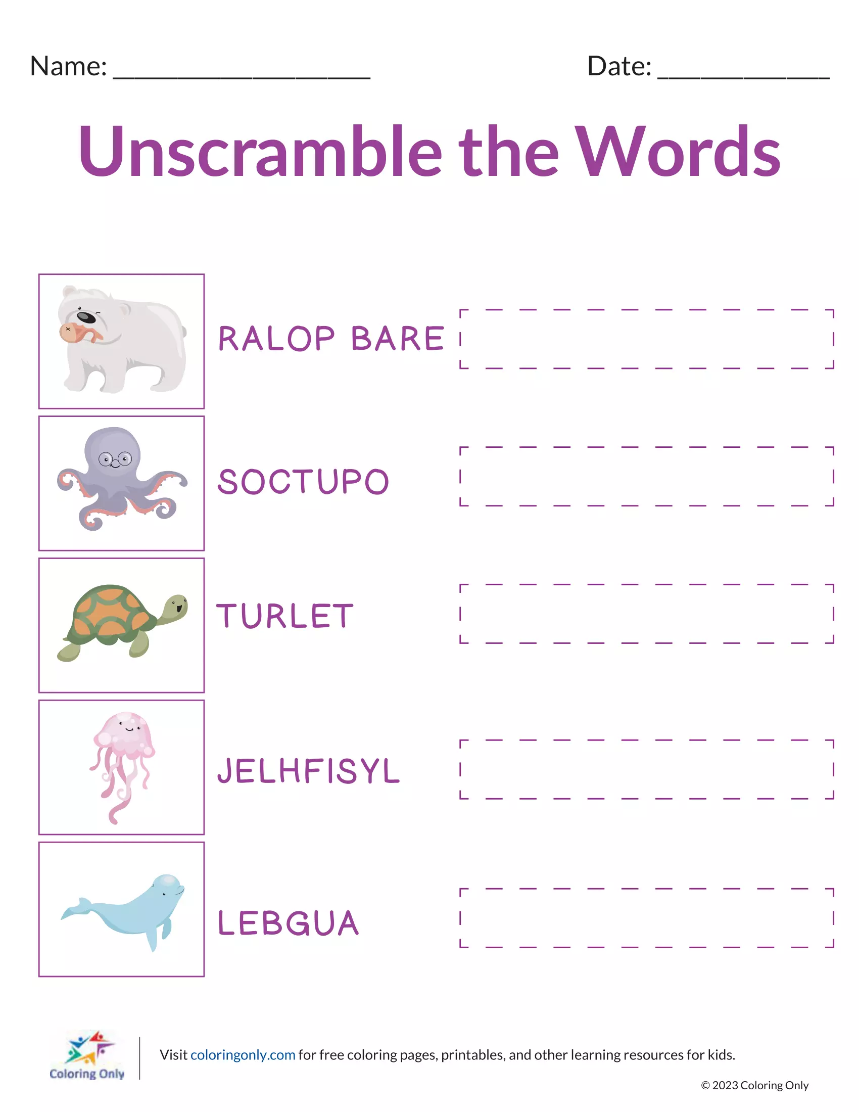 Unscramble the Words Free Printable Worksheet