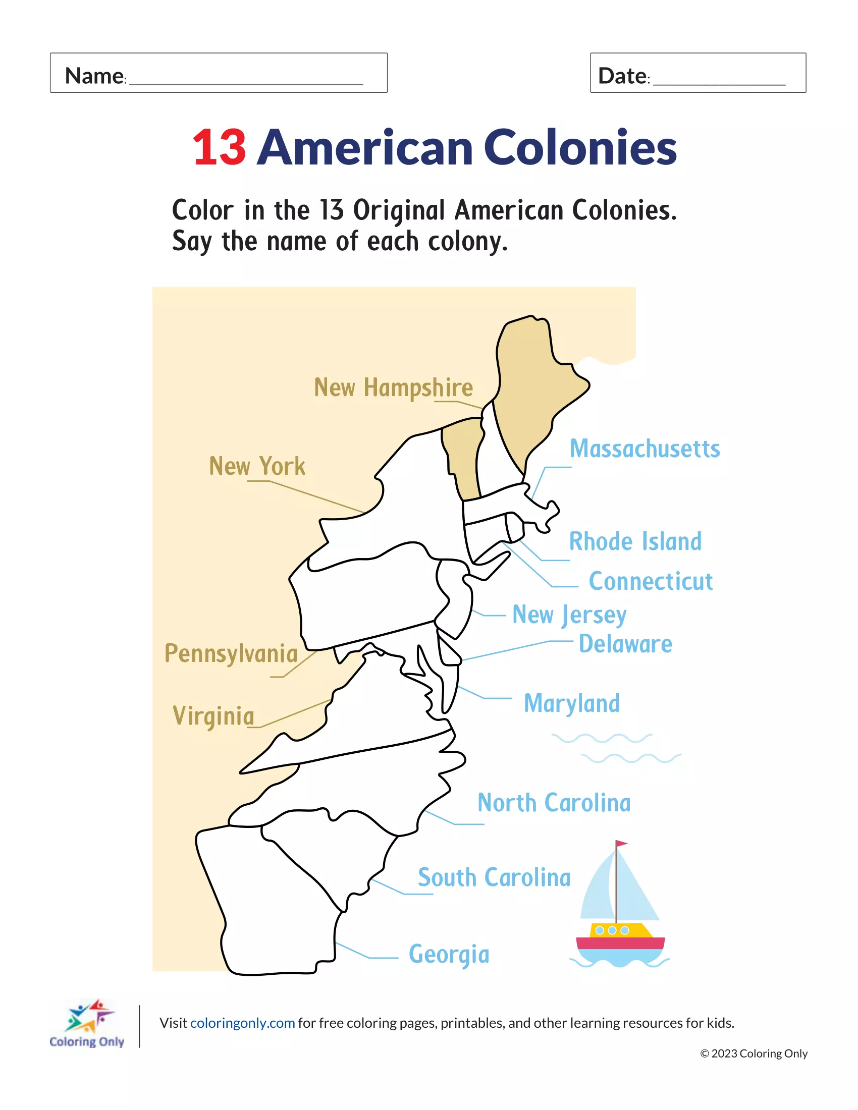 13 American Colonies Free Printable Worksheet - Coloring Pages