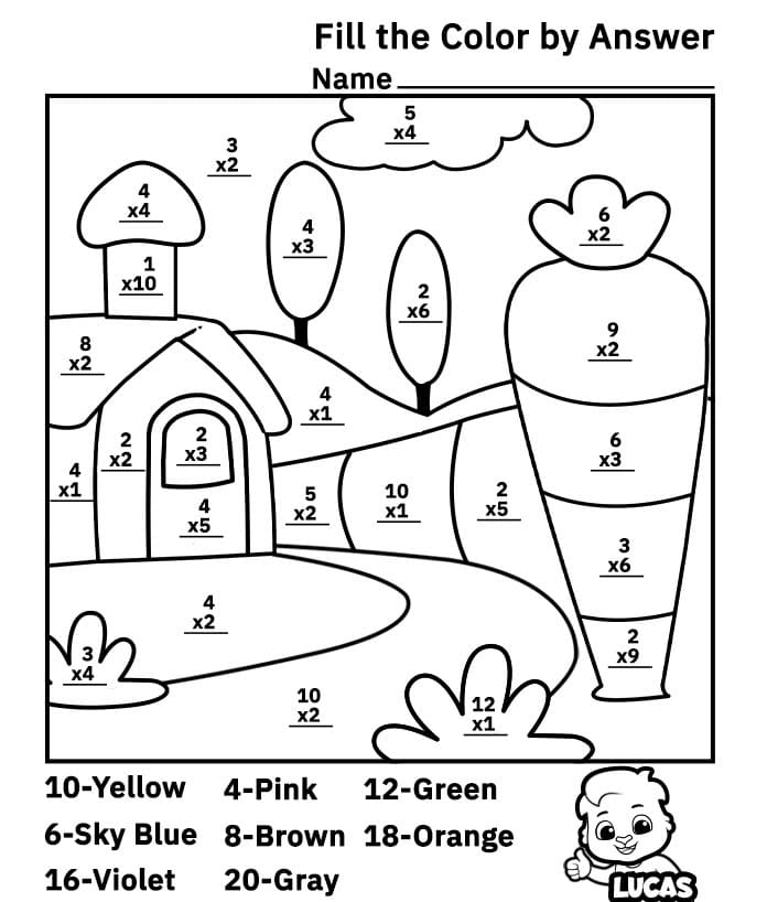 Cute Multiplication Color by Number Worksheet