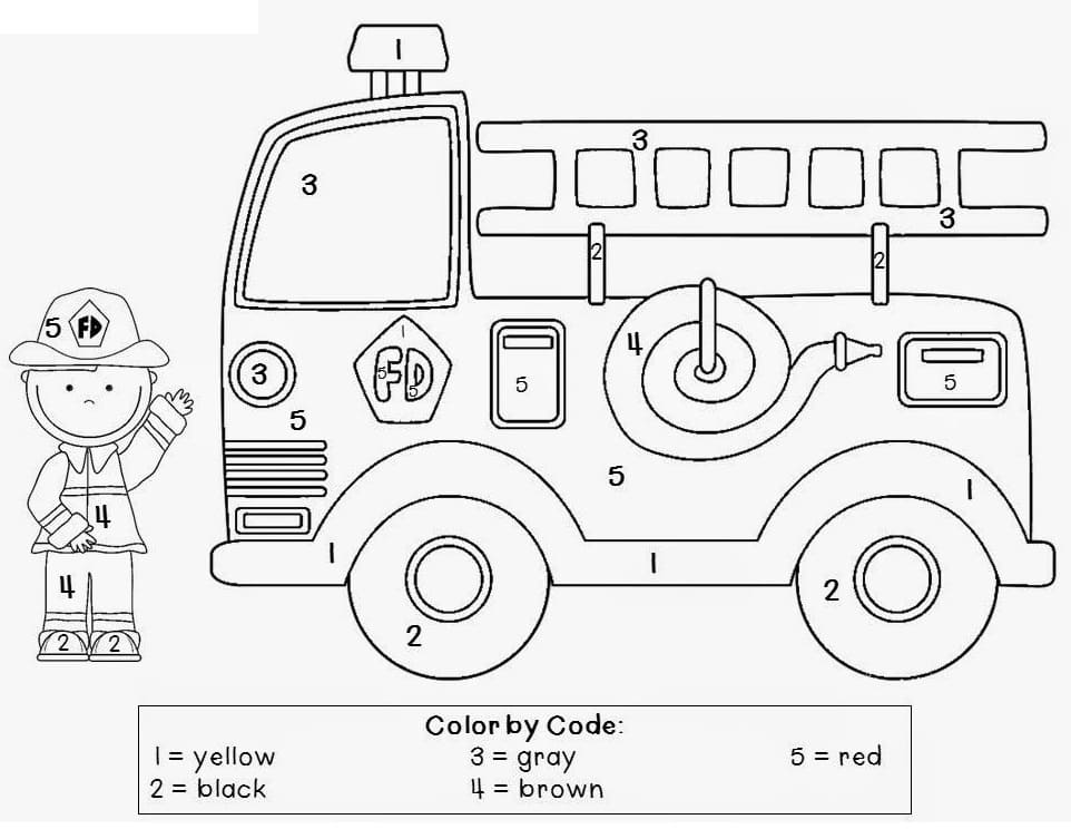 Firefighter and Fire Truck Color by Number