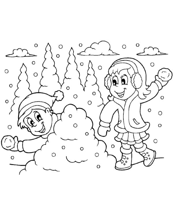 Kids in Snowball Fight - Coloring Pages