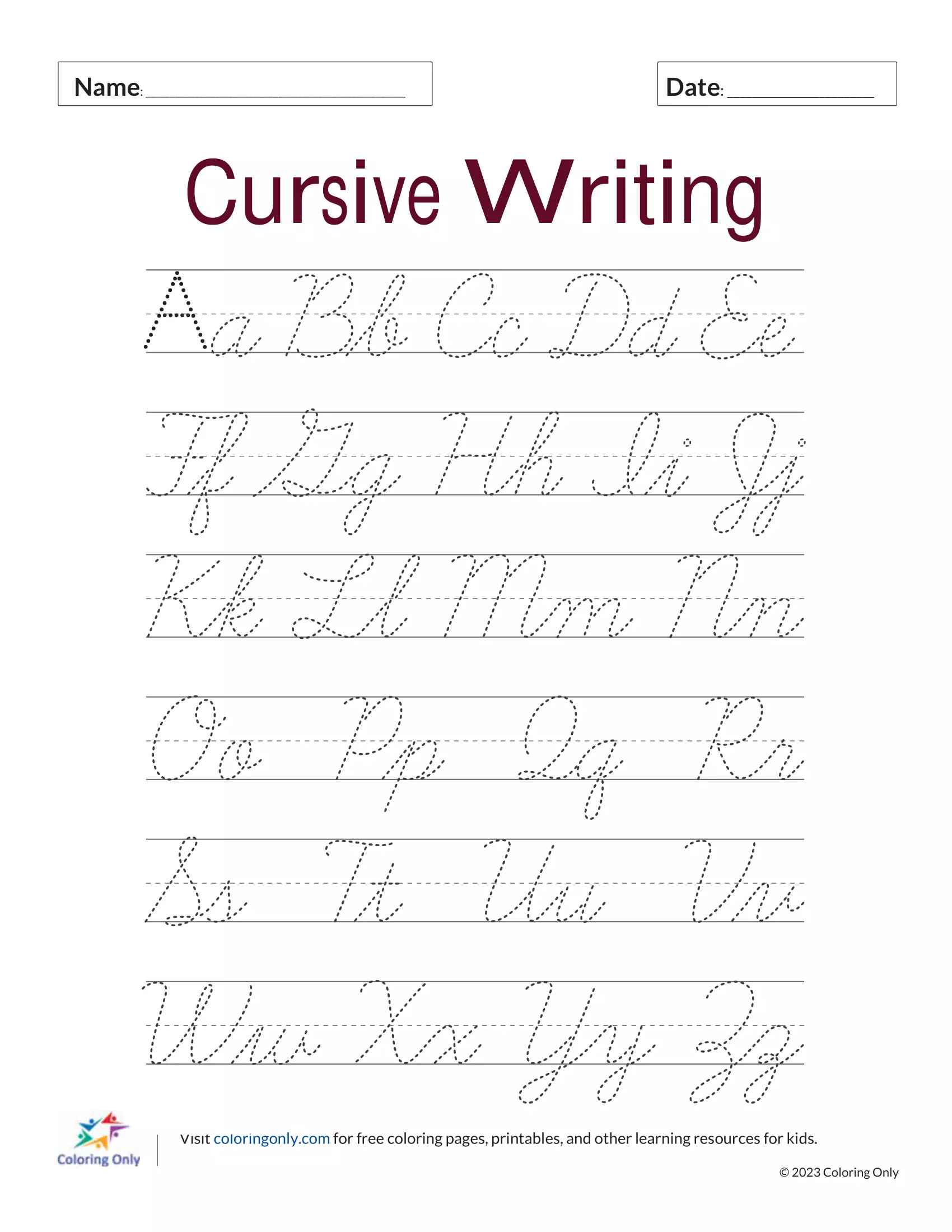 Cursive Writing Free Printable Worksheet - Coloring Pages