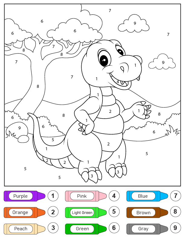 Cute Baby Dino Standing Color by Number - Coloring Pages