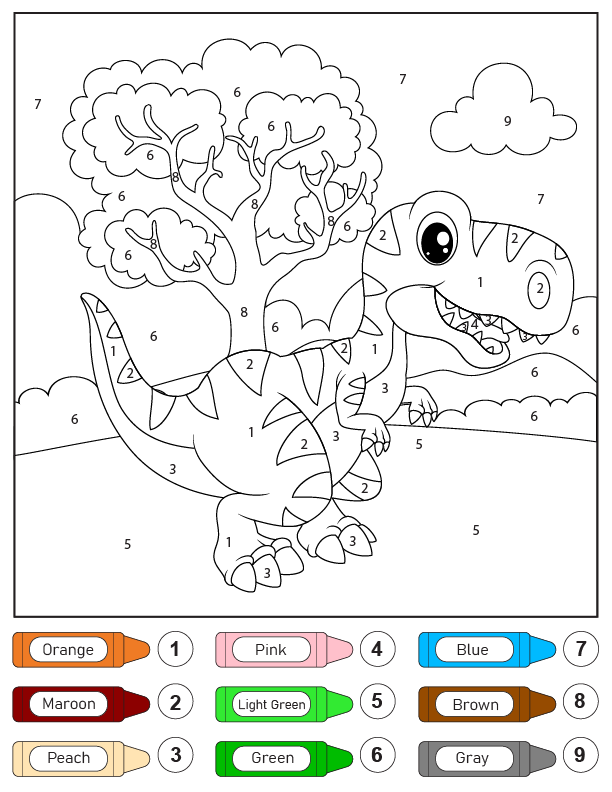 Cute Baby Dino Standing Color by Number Coloring Pages