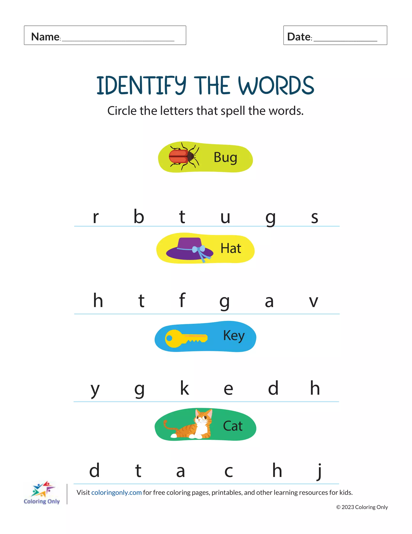 Identify the Words Free Printable Worksheet - Coloring Pages