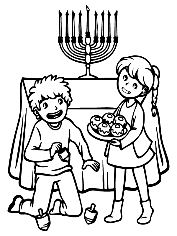 Kids and the Menorah Coloring Page