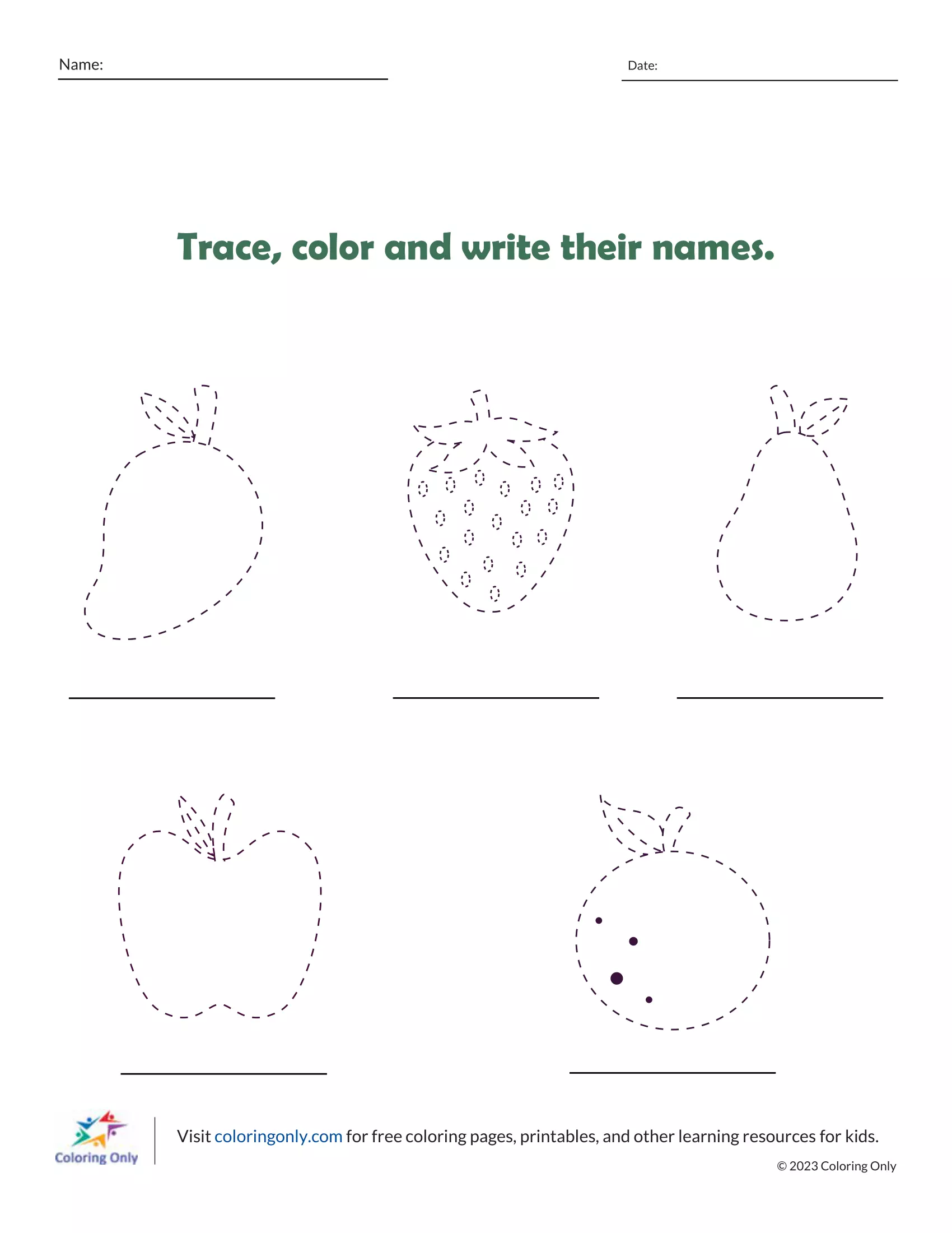 Trace and Color Fruits - Coloring Pages