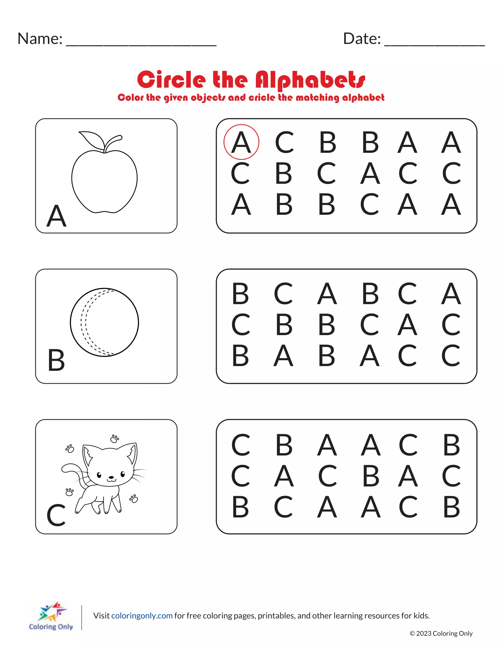 Circle the Alphabets - Coloring Pages