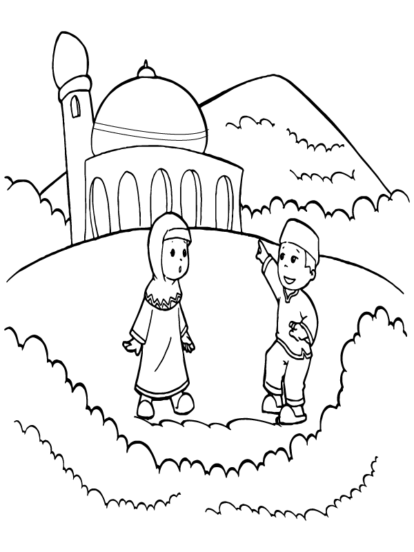 Muslim Kids Outside Mosque – Coloring Pages