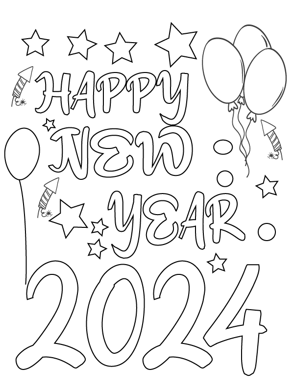 Free Printable New Year 2024 Färbung Seite Kostenlose druckbare