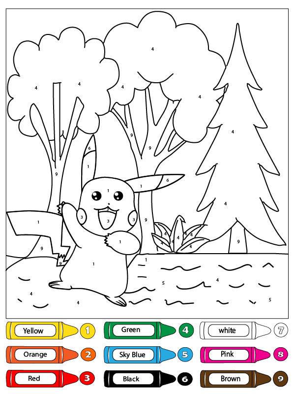 Happy Pikachu with Tree and Flower Color by Number Färbung Seite ...