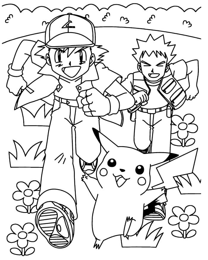 Ash Ketchum, Brock y Pikachu Corriendo