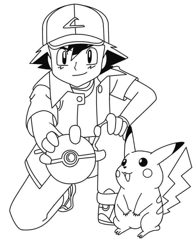Ash Ketchum sosteniendo Pokeball y Pikachu