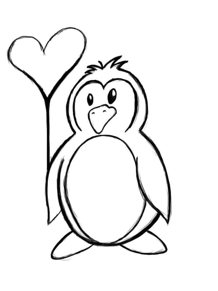 Dibujo Pingüino sosteniendo Corazón Globo