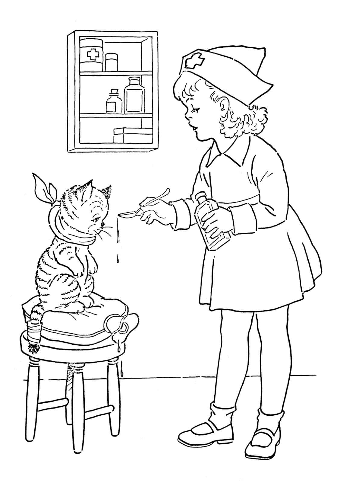 Enfermera Dando Medicina al Gato