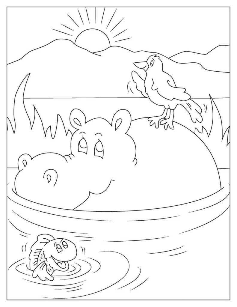 Hipopótamo con Pájaro y Pescado