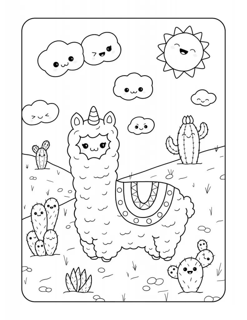 Kawaii Llamas y Cactus