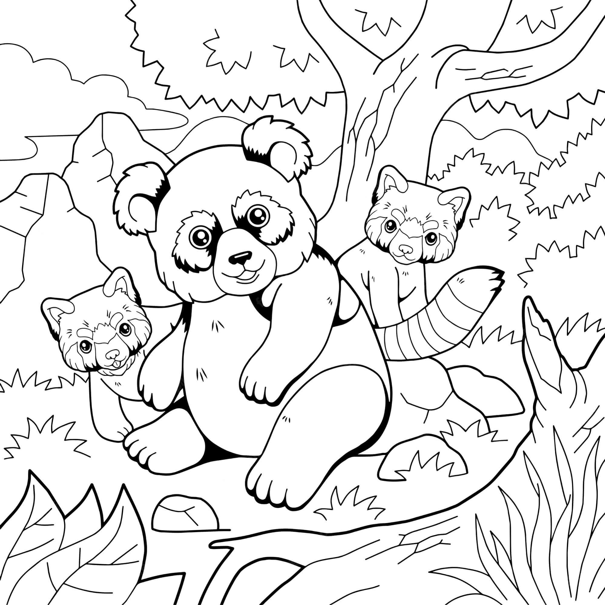 Madre Panda y Dos Bebés Panda