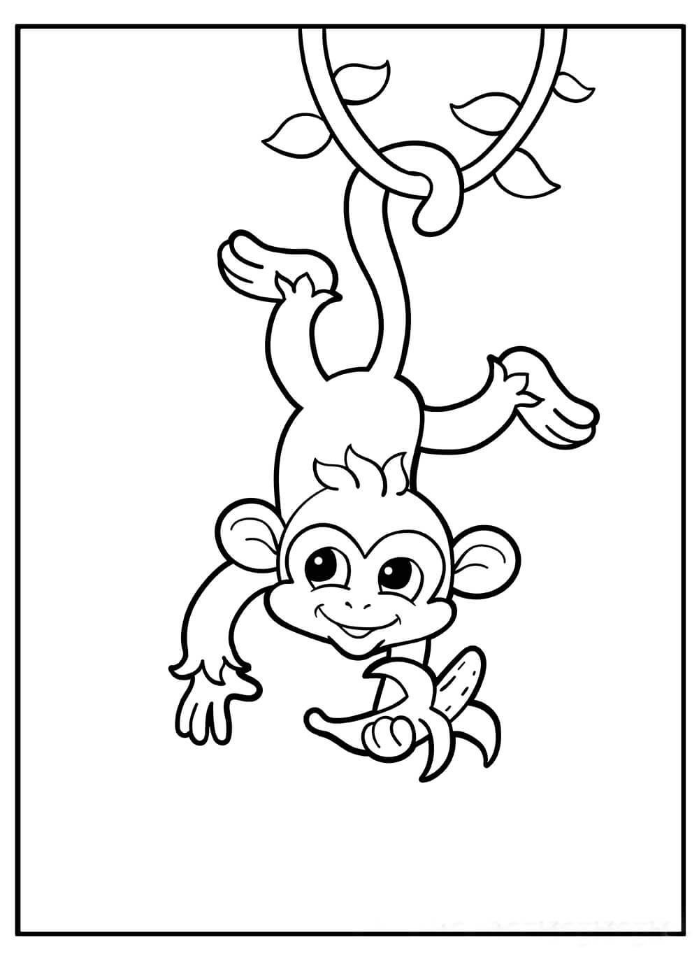 Mono sostiene Plátano y Cuelga Boca Abajo de un Árbol