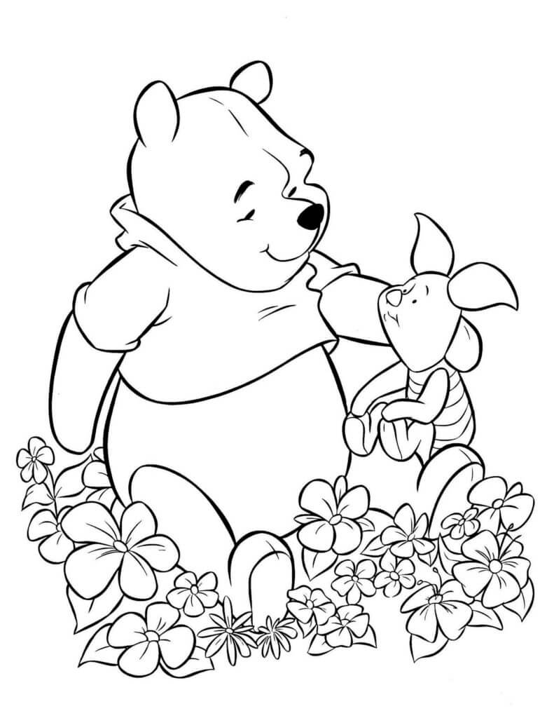 Winnie de Pooh y Piglet con Flores