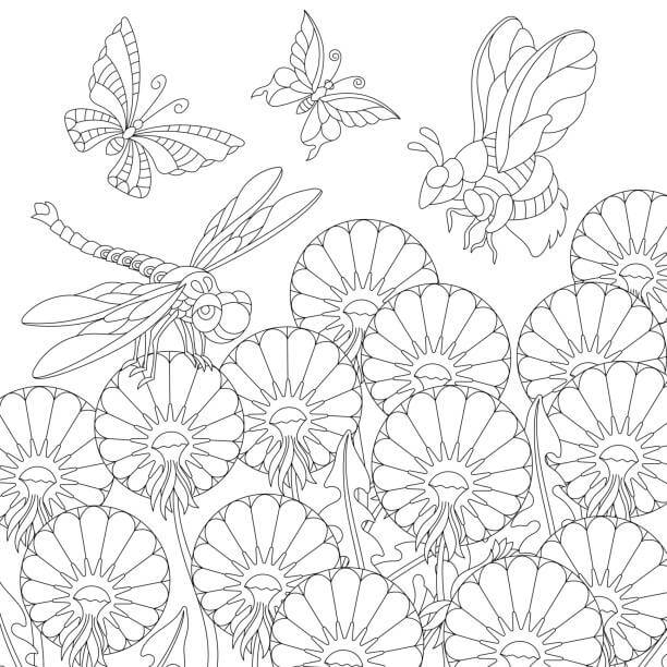 Abeja, Mariposas y Libélula con Flores