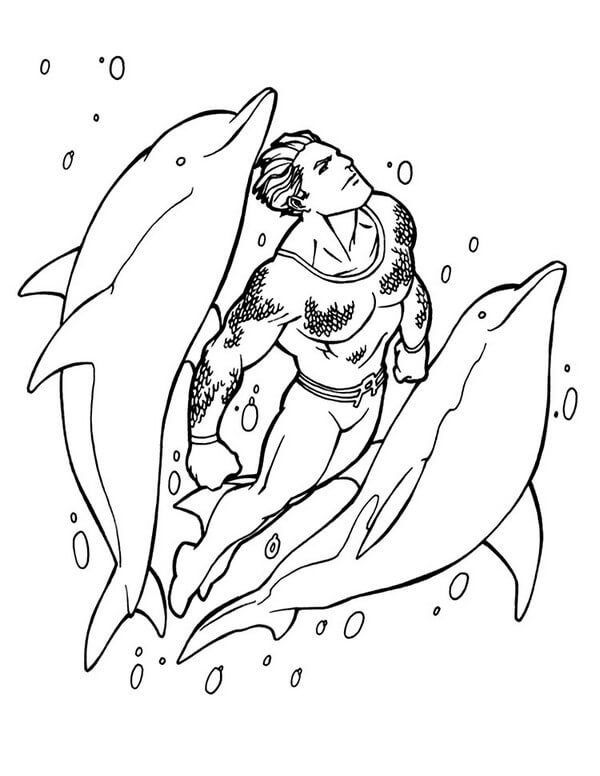 Aquaman Nadando y dos Delfines