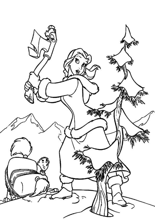 Belle cortando el árbol de Navidad