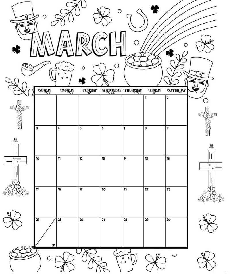 Calendario Marzo para colorear, imprimir e dibujar –ColoringOnly.Com