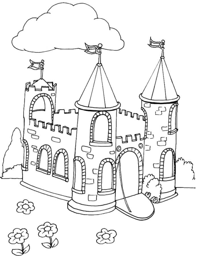Castillo con Nube y Flores para colorear, imprimir e dibujar  –