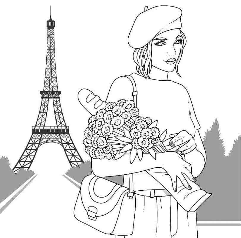 Chica Sosteniendo ramo de Flores con Eiffel