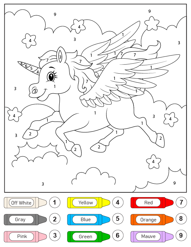 Colorear Unicornio con alas por número Página para colorear