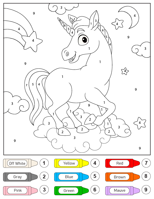 Colorear Unicornio en el Cielo por Números Página para Colorear