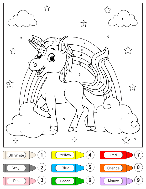Colorear Unicornio y Arcoíris por Números Página para Colorear